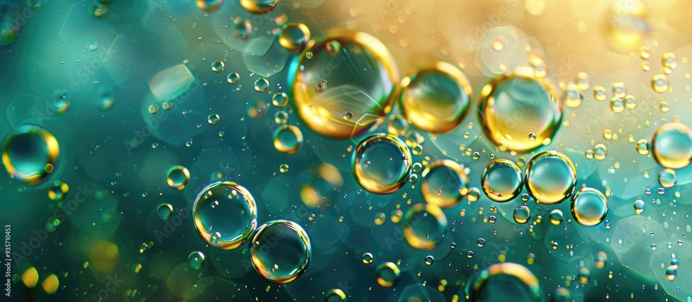 Poster oily bubbles in water with droplets. copy space image. place for adding text and design