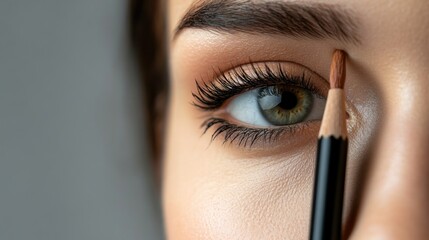 Close-up of a woman's eye with long eyelashes being lined with a black eyeliner pencil.