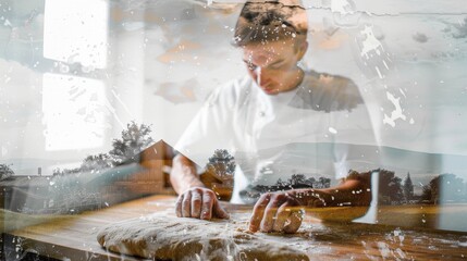A focused baker kneads dough on a wooden table, blending culinary art with serene landscape imagery in a tranquil workspace.