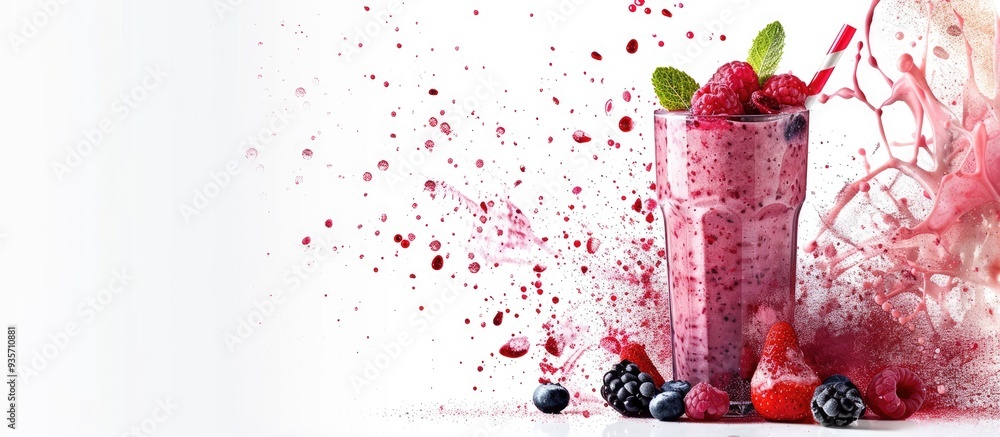 Poster berry smoothie on a white background. copy space image. place for adding text and design