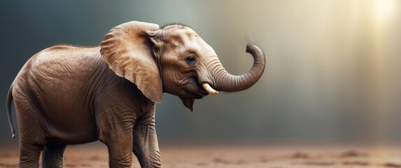 A Young Elephant With Its Trunk Raised in the Air