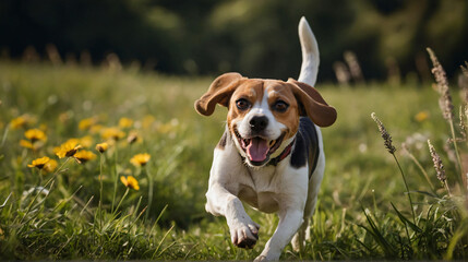 Pies beagle w naturalnym środowisku. Generative AI.