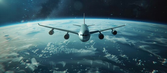Fototapeta premium Model of an airplane hovering above the sky and the earth. Copy space image. Place for adding text and design