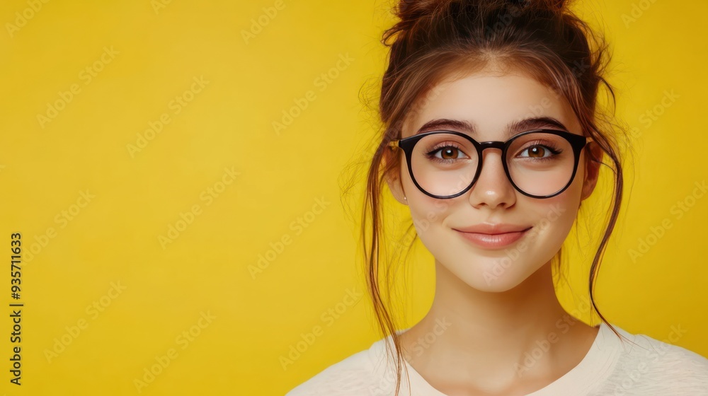 Wall mural A young woman with glasses smiles at the camera on a yellow background.