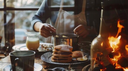 Fototapeta premium A cozy breakfast scene with pancakes, syrup, and a warm fire, capturing the essence of comfort and home-cooked meals.