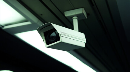 round security camera is mounted on a white ceiling inside a modern building. The camera's sleek design blends seamlessly with the surroundings, symbolizing vigilance and safety