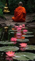 Tranquil monk meditating by a serene pond surrounded by pink lotus flowers in the forest