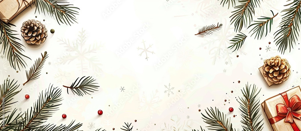 Poster christmas background featuring hand drawn coniferous branches presents and a winter postcard for the