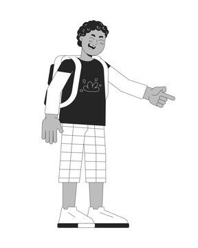 recommend clip art: African american schoolboy pointing finger black and white 2D line cartoon character. Black boy with backpack mocking isolated vector outline person. Bully kid laughing monochromatic spot illustration