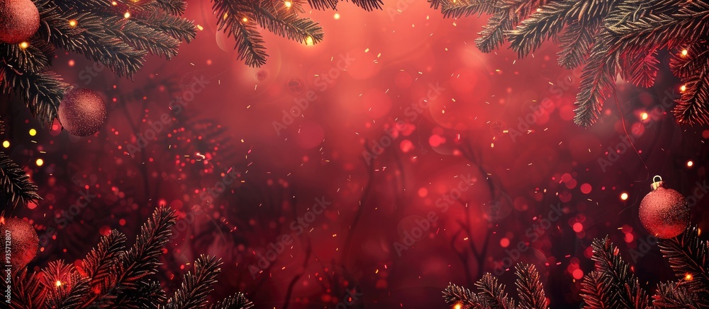Poster red christmas backdrop a frame crafted from evergreen branches and shimmering lights. copy space ima