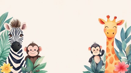 Fototapeta premium Adorable zebra, giraffe, and monkeys with tropical foliage.