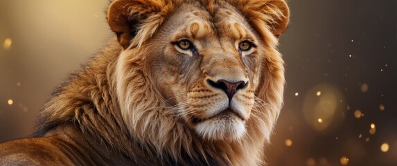 Fototapeta premium Close-up Portrait of a Majestic Lion with a Golden Background