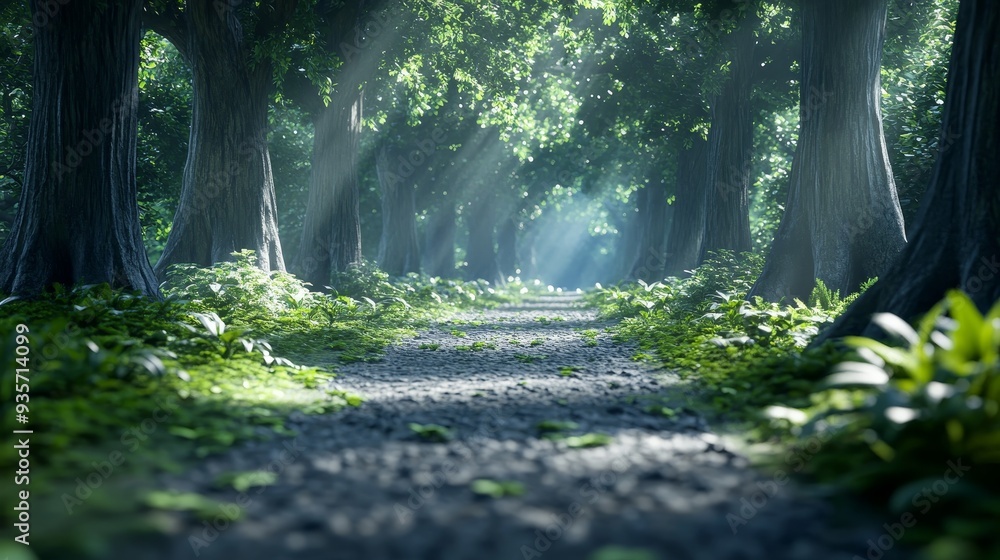 Poster a winding path through a lush green forest, sunlight filtering through the dense canopy.