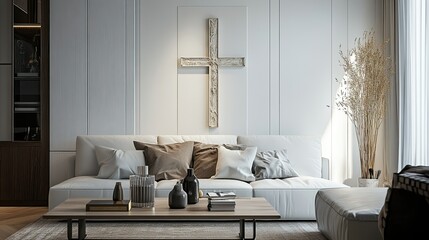 Artistic cross statue affixed to a living room wall, with contemporary decor adding to the spiritual and peaceful setting.