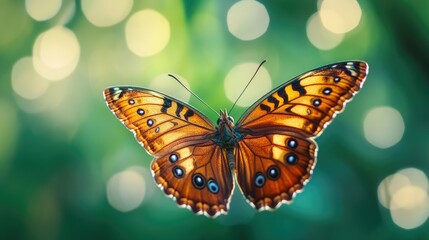 Bright butterfly with intricate wing patterns, the background blurred to bring full focus on the butterflys beauty.