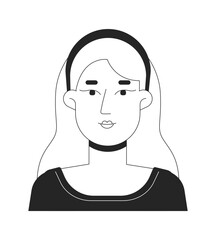 Blonde caucasian woman wearing hairband black and white 2D vector avatar illustration. Headband female young adult outline character face isolated. Wavy hair girl flat user profile image portrait