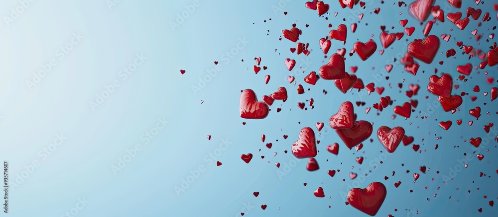 Poster flying red hearts represent the concept of valentine s day top view flat lay. copy space image. plac
