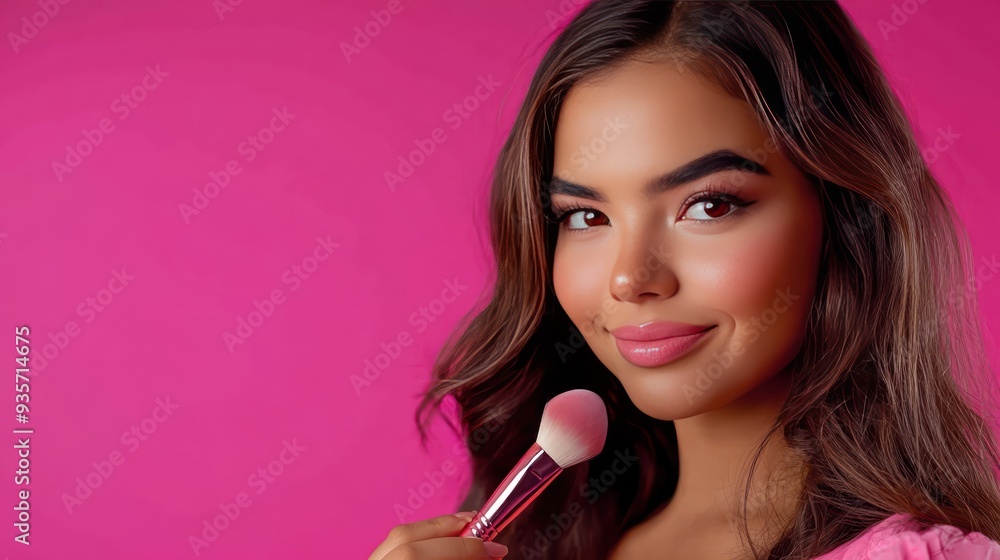 Wall mural Young beautiful woman with long dark hair holding a makeup brush in her hand, posing on a pink background.