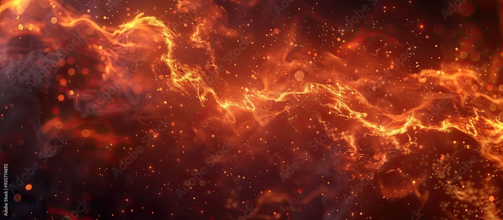 Poster fire flames with smoke on a black background burning red hot sparks ascend fiery orange glowing part