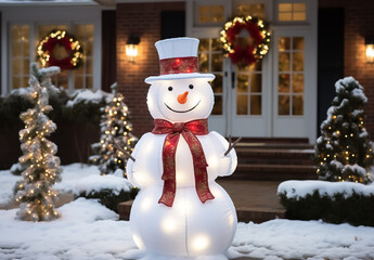 Cute illuminated snowman. Snow and Christmas time