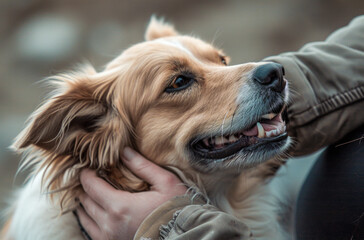 A person is petting a dog with its mouth open. The dog has its tongue out and is smiling