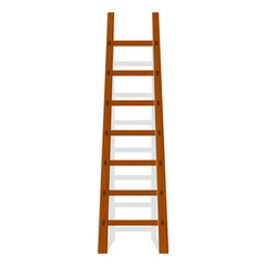 Brown wooden ladder. Wood cartoon stepladder vertical stand near wall with shadow. Household equipment sign. Vector illustration