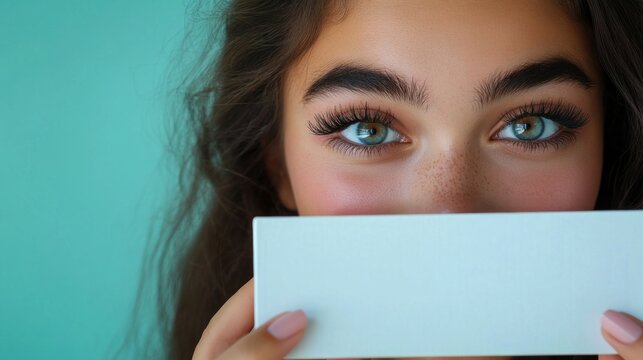 A young woman with green eyes and long lashes holds a blank card in front of her mouth.