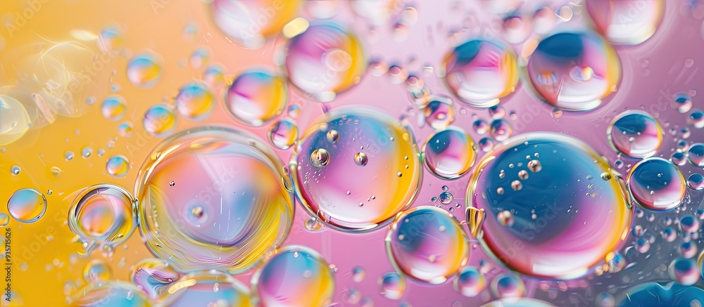 Poster oily bubbles in water with droplets. copy space image. place for adding text and design