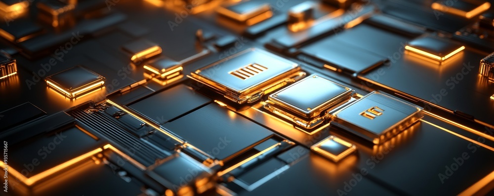 Poster abstract digital circuit board with glowing elements.