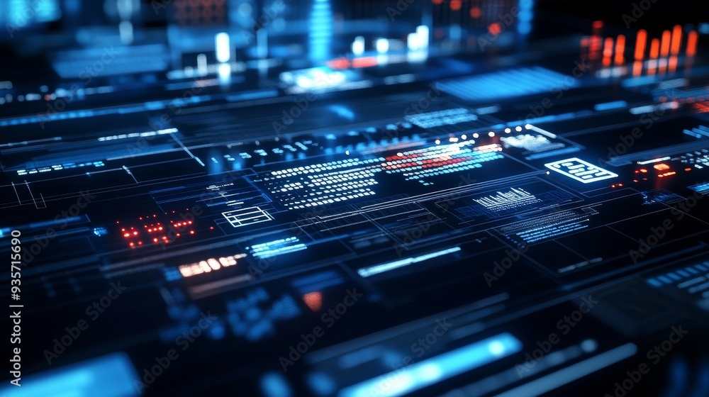 Poster abstract digital interface with glowing blue and red elements. futuristic technology concept.