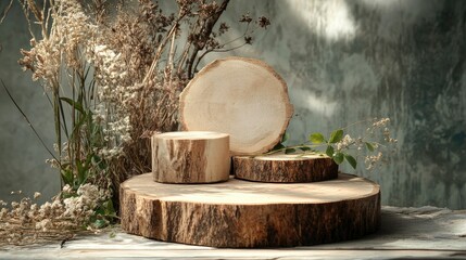 Elegant podium made of natural materials, ideal for showcasing eco-friendly products, with a nature-inspired backdrop.