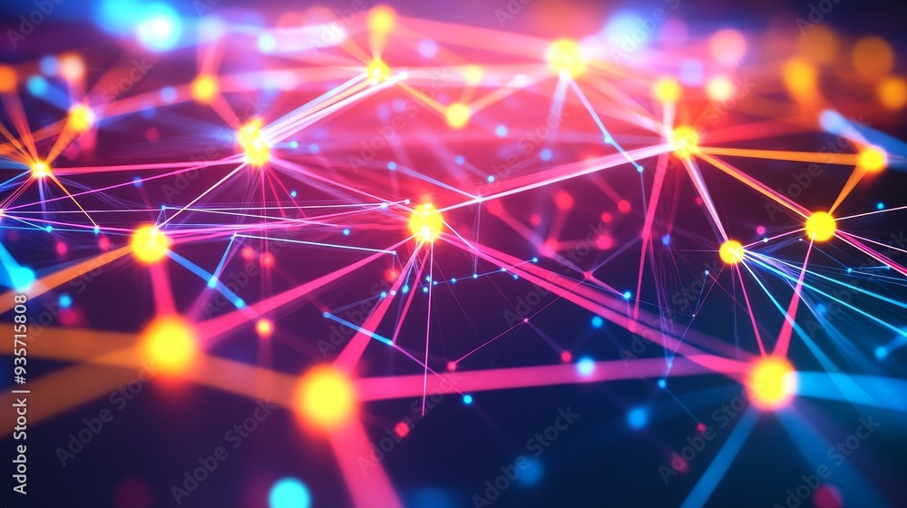 Poster abstract glowing network of lines and dots with vibrant colors against a dark background.