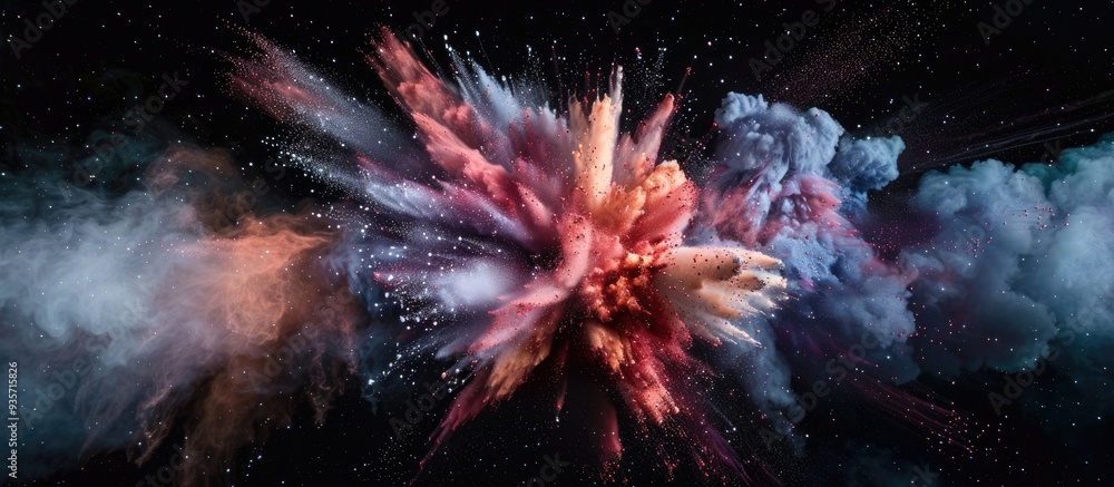 Poster abstract powder explosion on a black background. copy space image. place for adding text and design