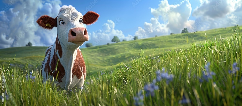 Poster cow in green pastures with a blue sky backdrop. copy space image. place for adding text and design