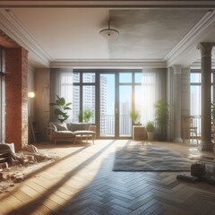 Fototapeta premium apartment renovation - empty room before and after refurbishment or restoration 