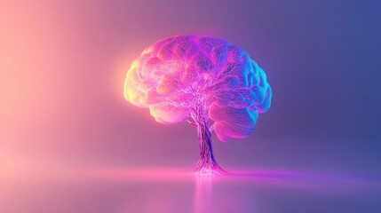 Bright neon brain bulb with electric tree, glowing vibrantly on a white backdrop, representing futuristic science concepts