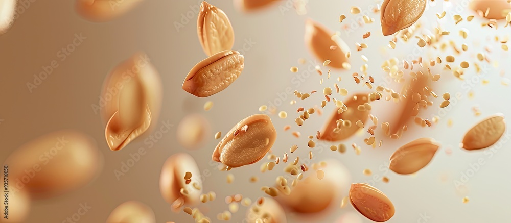 Poster macro skeletonized green leaves and balls of cosmetic oil on a yellow background captured in light t