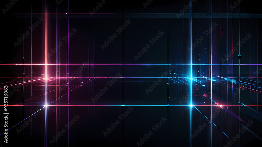 Wall mural a futuristic flat vector background featuring a dark, minimalistic grid with bright, intersecting la