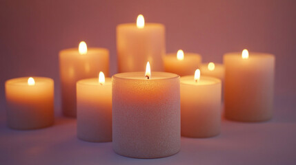 Group of white candles burning on a tabletop creating a romantic ambiance