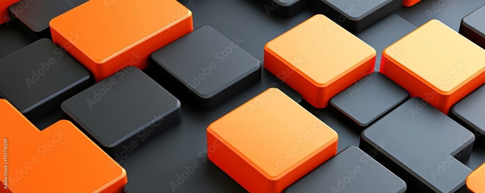 Poster abstract pattern of orange and black blocks.
