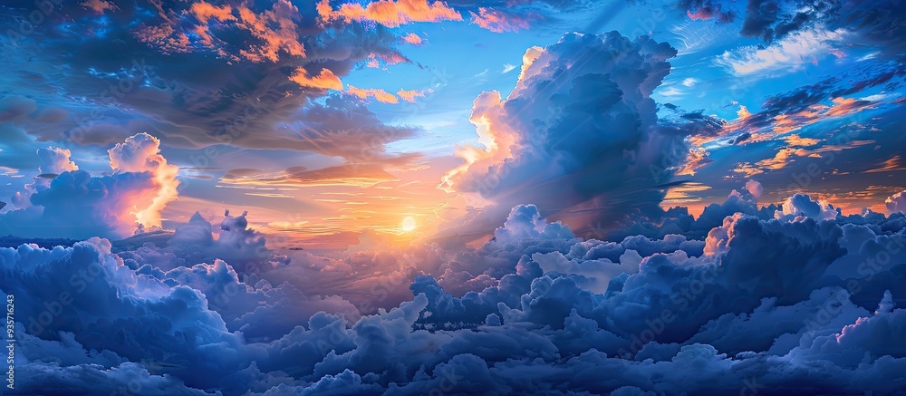 Poster panoramic sunset in the middle of the sky featuring numerous dark blue clouds. copy space image. pla