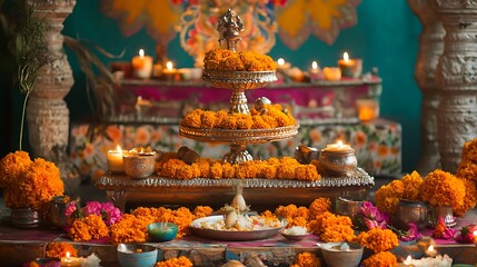 A Festive Altar with Marigold Flowers and Candles