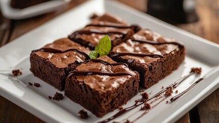Freshly baked brownies on a white plate, with melted chocolate and crumbs adding to the visual appeal.