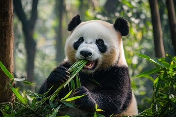 Fototapeta premium Giant Panda Eating Bamboo Shoots in Lush Green Forest