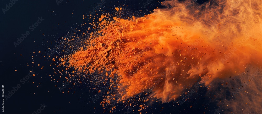 Poster abstract powder splattered background freeze motion of orange powder bursting or throwing orange dus