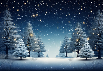 Christmas winter landscape with snow, trees and lights