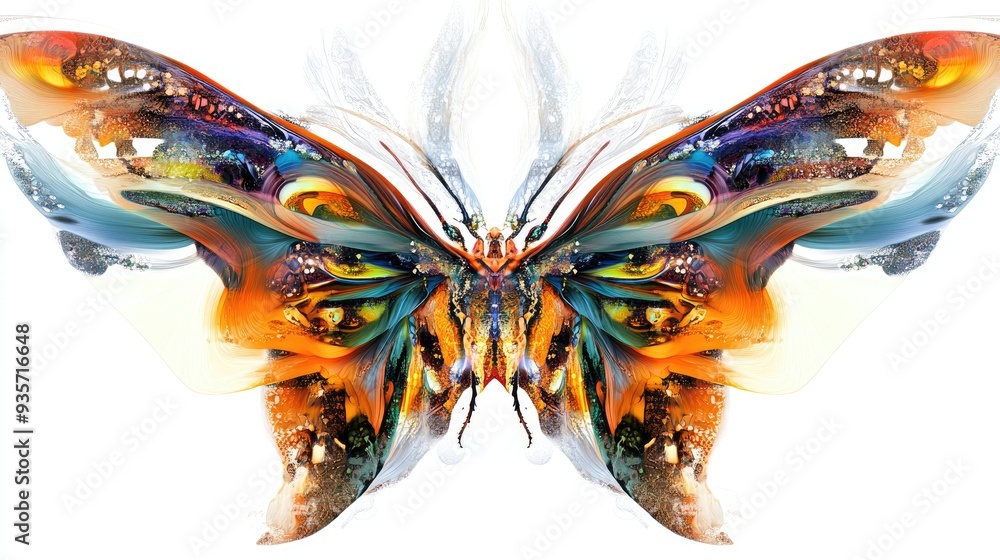Poster colorful fractal wings in symmetrical patterns, featuring insects, creating detailed abstract art on