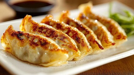 Hot and freshly cooked gyoza on a white plate, each dumpling texture and color highlighted, making a perfect serving.