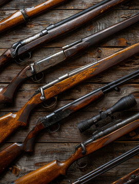 A row of old guns are lined up on a wooden table
