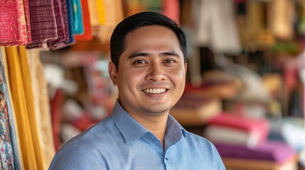 Fototapeta premium A smiling young man in a blue shirt stands in front of a shop selling colorful fabrics.